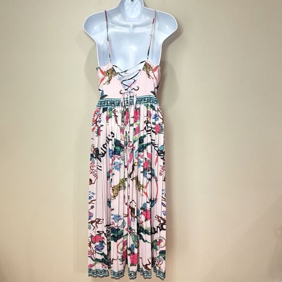 H&M Pink Pleated Jungle Print Midi Dress 6 Strappy Lace Up Back Tropical Animals - Picture 5 of 12